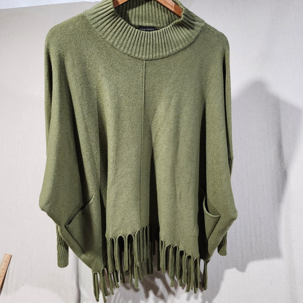 Coco + Carmen Womens L/XL Olive Green Fringe Mock Neck Poncho Sweater Pockets
